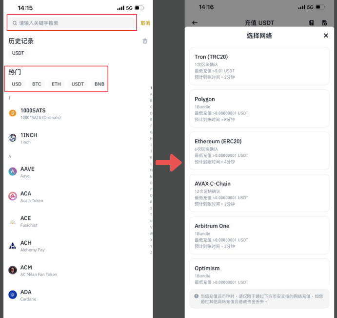 在搜索区找到自己要用的币种，再选择自己要用的网络。